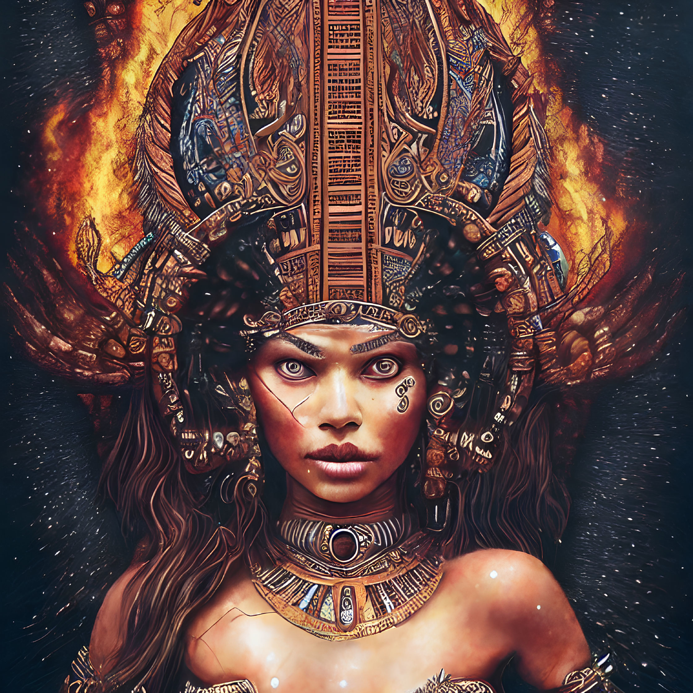 Striking-eyed woman in ornate headdress against cosmic backdrop