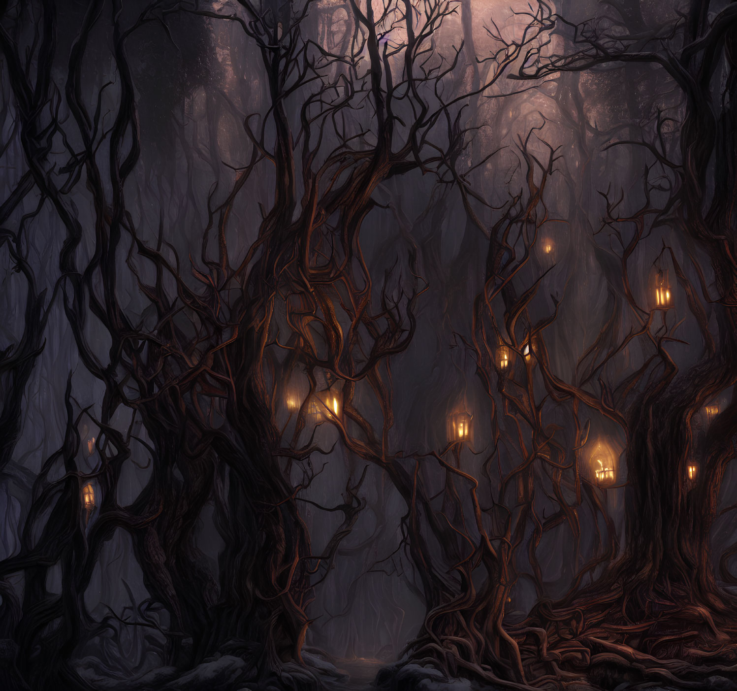 Eerie forest scene with gnarled trees and lanterns in twilight landscape