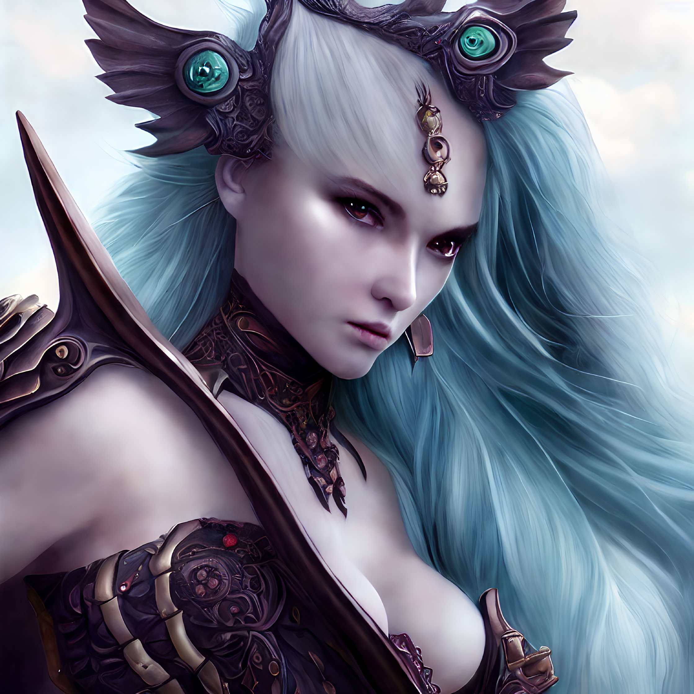 Fantasy Artwork: Pale-skinned Woman in Elaborate Owl-themed Armor