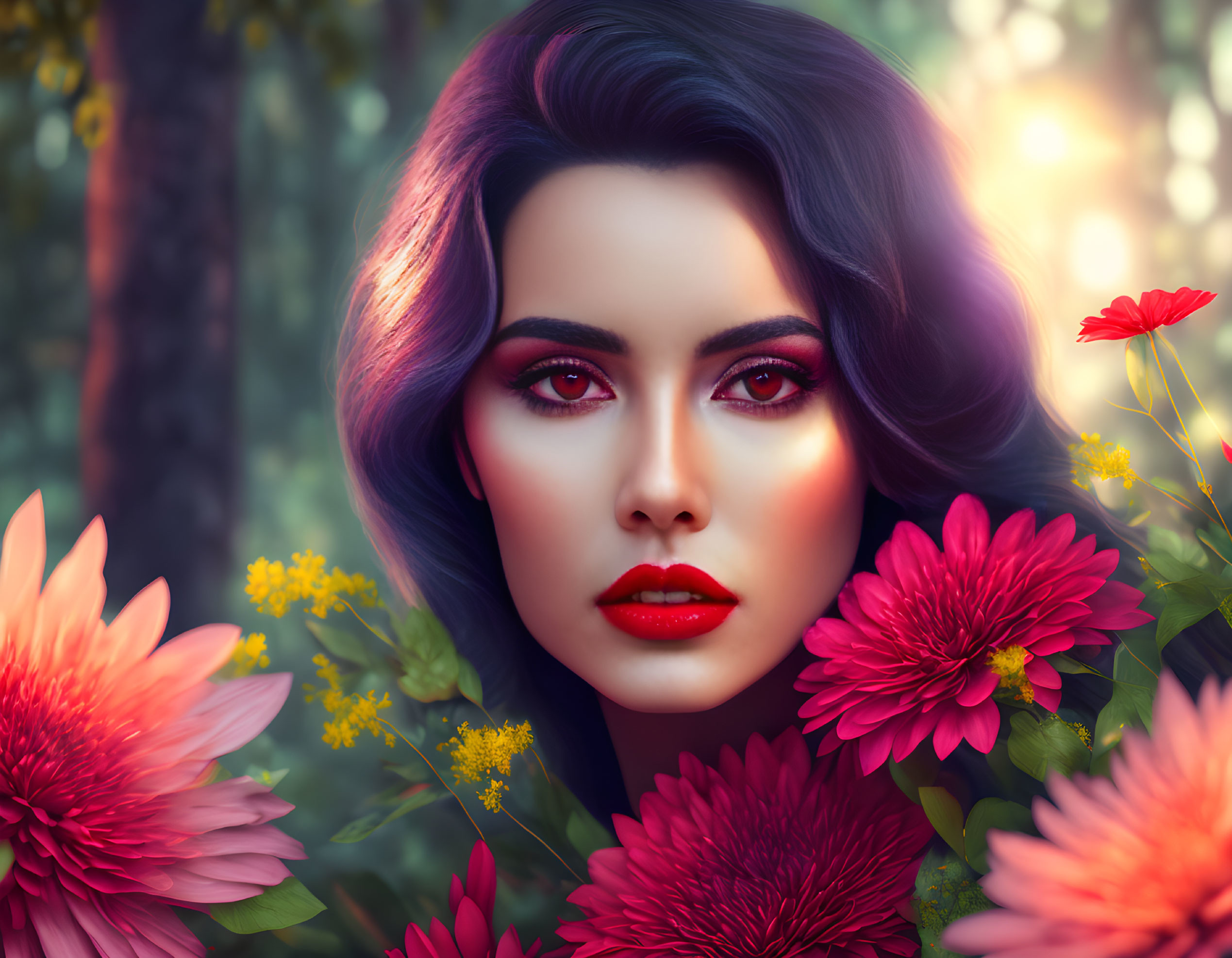 Digital portrait of woman with striking makeup among red and yellow flowers in forest setting