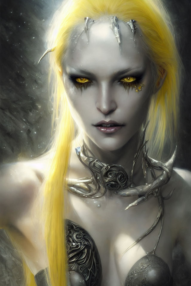 Fantasy illustration: Pale woman with yellow eyes, long hair, silver adornments