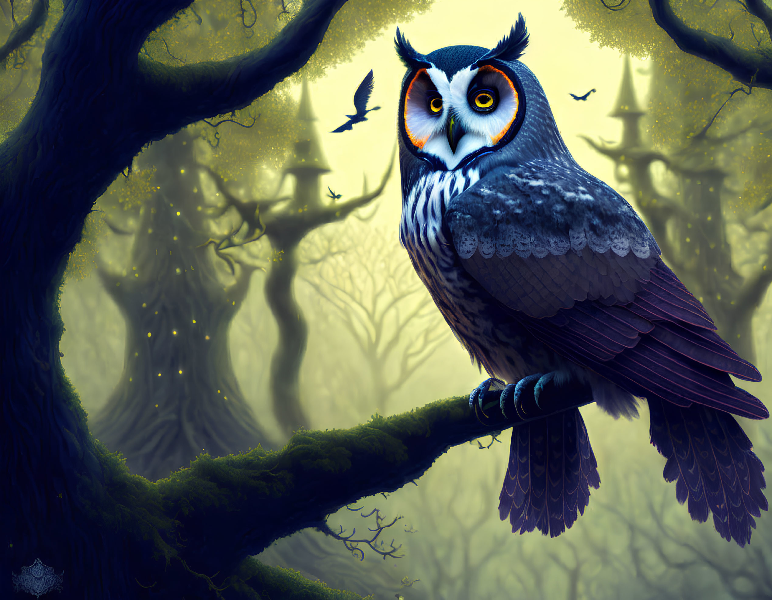 Majestic owl perched in mystical forest with lanterns and mist