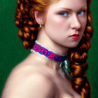 Portrait of woman with red braided hair, blue eyes, choker, pale dress on green background
