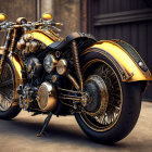 Vintage Motorcycle with Gold and Black Finish in Rustic Setting
