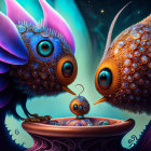 Stylized fantastical creatures with elaborate eyes and textured features face off.
