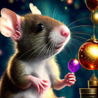 Anthropomorphized brown and white rat with purple glass ball and glowing orange ornament in digital illustration