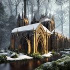 Snowy Gothic-style church in foggy forest with calm stream and sunlit mist.