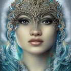Woman's portrait with fantasy headdress in frost and feather theme, serene expression in cool blue tones