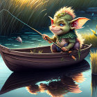 Cheerful fantasy goblin fishing in small boat at dusk