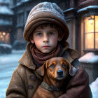 Child in winter clothing with brown puppy in snowy setting.