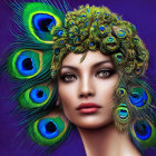 Woman with Peacock Feather Headdress and Vibrant Makeup on Purple Background