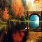 Tranquil autumn landscape with stone bridge, calm river, orange foliage, and warm light.