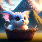 Fantastical furry dragon in basket against mountain backdrop