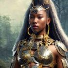 Regal woman in golden armor in mystical forest setting