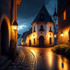 European Town Night Scene with Warm Street Lamps and Cobblestone Street
