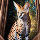 Majestic serval cat peeking through golden curtains