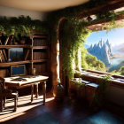 Tranquil study room with mountain view, desk, chair, bookshelves