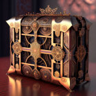 Steampunk-inspired ornate chest with metallic gears and golden details