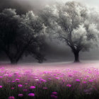 Mystical landscape with silhouetted trees and purple flowers