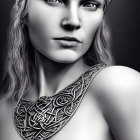 Monochromatic image of woman with braided hair and Celtic-inspired accessories.