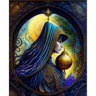 Mystical woman with lantern in starry blue cloak and full moon.