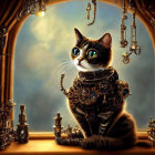 Steampunk-style illustration of mechanical cat in industrial room