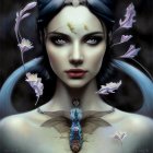 Digital portrait: Woman with blue skin, intense eyes, dark hair, petal-like adornments,