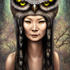 Asian person in owl headpiece against mystical forest