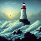 Picturesque lighthouse on rugged cliff amid crashing waves and dramatic sky