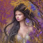 Fantastical portrait of woman with dark hair, purple and gold flora, butterflies