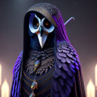 Detailed anthropomorphic owl with ornate headdress and candles