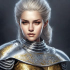 Digital artwork of woman in ornate silver and gold armor with white hair