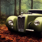 Vintage Green Car Parked in Forest with Dense Fog and Autumn Leaves