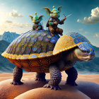 Animated warrior characters riding oversized turtle through rocky desert landscape