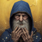 Elderly bearded man in blue star-patterned hood against golden starry backdrop