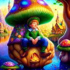Colorful fantasy landscape with cheerful boy on mushroom fireplace