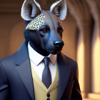 Anthropomorphic hyena in suit and tie in dimly lit classical hall