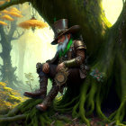 Steampunk-themed leprechaun with green beard in enchanted forest