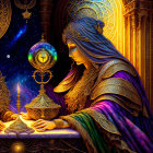 Mystical sorceress with starry backdrop and glowing orb among golden artifacts