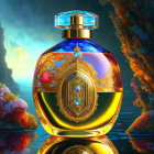 Intricate Gold and Jewel Perfume Bottle on Colorful Landscape