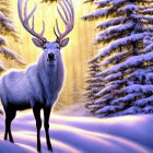 White stag in snow-covered forest with sunlight and purple hue