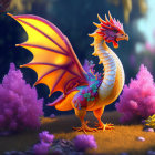 Colorful dragon with red wings in purple forest