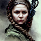 Young woman with braided hair holding a rifle in intense gaze