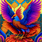 Colorful Phoenix Illustration with Blue and Red Feathers on Golden Background