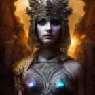 Fantasy woman in regal armor against glowing rocky backdrop