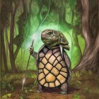 Anthropomorphic turtle with staff in mystical forest.