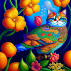 Colorful whimsical cat with bird-like feathers among flowers on blue background