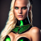 Blonde woman in futuristic black and green corset with ornate collar.