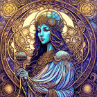 Detailed Blue-Skinned Woman Illustration with Golden Headgear in Mandala Backdrop