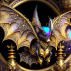 Golden-winged bat with blue fur in ornate setting
